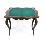 French Boulle gaming table - second half of the 19th century, ebonised wood with bronze applications and brass threading. Height x width x depth: 74 x 90 x 45 cm. Item condition grading: *** fair (missing rear foot).