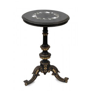 Italian hard stones table - 20th century, ebonized and gilt wood, circular top with hard stones inlay, raised on a scrolled three-arm base. Diameter 50.5 cm, height 76.5 cm. Item condition grading: **** good.