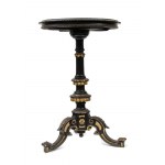 Italian hard stones table - 20th century, ebonized and gilt wood, circular top with hard stones inlay, raised on a scrolled three-arm base. Diameter 50.5 cm, height 76.5 cm. Item condition grading: **** good.