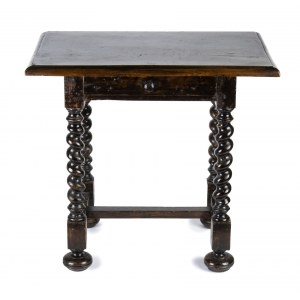 Italian miniature table - 19th century, Walnut wood model, used for larger scale products, 19th century Italy. Twisted legs, wooden top with single drawer under the top. Height x width x depth: 45 x 50 x 35 cm. Item condition grading: **** good.