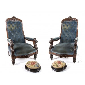Pair of English Victorian - 19th-century, mahogany wood, both with footrests. Height x width x depth: armchairs 117 x 70 x 80 cm Footrests 10 x 33 cm circumference. Item condition grading: **** good.
