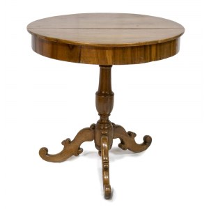 Italian walnut centre table - 19th century, made of walnut with a single central leg, one part of the top can be raised and conceals compartments. Height x circumference: 73 x 74 cm. Item condition grading: **** good.