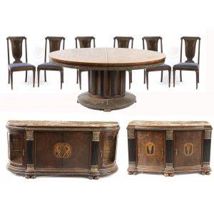 French Art Dèco dining room - 20th century, consisting of 6 chairs, buffet and counter buffet, extendable oval table. In oak with bronze applications. Height x width x depth chairs: 106 x 56 x 50 cm. Height x width x depth table: 77 x 180 x 120 cm. Height