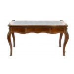 French bureau plate - 20th century, centre, mahogany wood with bronze applications and leather top. Height x width x depth: 84 x 160 x 75 cm. Item condition grading: **** good.