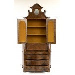 Italian walnut trumeau - 20th century, two-body cabinet. The upper part consists of two doors with mirror and an arched top. Three drawers in the lower part. Height x width x depth: 230 x 110 x 45 cm. Item condition grading: *** fair. (The top of the flap