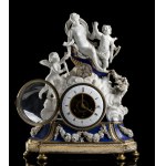 Rare Louis XVI period white and blue porcelain clock with visible movement - Jacques-Thomas Bréant (1753-1807), finely modelled porcelain case depicting Aphrodite on a chariot drawn by a pair of cooing pigeons, in the company of Eros and Anteros; circular