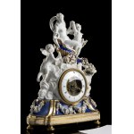 Rare Louis XVI period white and blue porcelain clock with visible movement - Jacques-Thomas Bréant (1753-1807), finely modelled porcelain case depicting Aphrodite on a chariot drawn by a pair of cooing pigeons, in the company of Eros and Anteros; circular