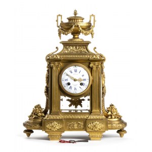 Bronze mantel clock - France, 19th century, H. MOLLE A PARIS, Neoclassical architectural case with two lateral cornucopias surmounted by a vase; side glasses. Porcelain dial with Arabic and Roman numerals signed H.Molle, 9,rue Charlotte Paris, pendulum 