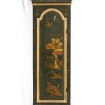 George III English Grandfather clock - 18th century, signed ALLAM London, green lacquered chinoserie, circular gilt dial with Arabic and Roman numerals, date and seconds. Movement with pendulum regulator and hour and half-hour strike on bell signed Willia