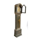 George III English Grandfather clock - 18th century, signed ALLAM London, green lacquered chinoserie, circular gilt dial with Arabic and Roman numerals, date and seconds. Movement with pendulum regulator and hour and half-hour strike on bell signed Willia