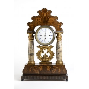 Rare mantel clock with music box - Austria, Biedermeier early 19th century, temple architectural structure composed as follows: rectangular rosewood base decorated in the lower part with a motif of vertical grooves, the front inlaid with two eagle heads a