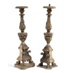 Pair of Italian gilt wood torch holders - 18th century, mecha gilding. Dimensions 40 x 14 x 14 cm. Item condition grading: *** fair (defects and a not in period base).