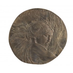 Bronze bas-relief - 20th century, signed EMILIO GRECO, depicting a woman's face with ears of corn. Signed Greco (Emilio Greco 1913-1995). Height x diameter: 2 x 32 cm. Item condition grading: ***** excellent.
