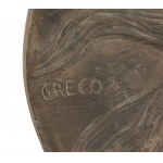 Bronze bas-relief - 20th century, signed EMILIO GRECO, depicting a woman's face with ears of corn. Signed Greco (Emilio Greco 1913-1995). Height x diameter: 2 x 32 cm. Item condition grading: ***** excellent.