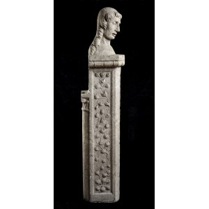 Marble Peperino Protome - Northern Italy, 16th - 17th century, Beardless male protome with elongated neck, hair in regularly arranged curls; standing on a column with foliate decoration. Height x width: 133 x 27 cm. Item condition grading: **** good.