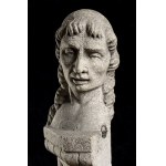 Marble Peperino Protome - Northern Italy, 16th - 17th century, Beardless male protome with elongated neck, hair in regularly arranged curls; standing on a column with foliate decoration. Height x width: 133 x 27 cm. Item condition grading: **** good.