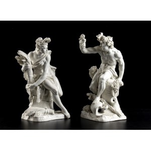 A pair porcelain sculptures Nymphenburg 19th century, F. Bustelli, F. Bustelli Nymphenburg (Locarno, 11 April 1723 - Nymphenburg, 18 April 1763) entirely in white enamel, depicting Bacchus and Ceres seated. Make and signature under the base. Height x widt