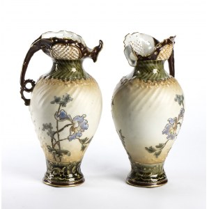 Pair of Austrian ceramic pourers - 19th century, ERNST WAHLISS TURN, enamelled and painted with floral motifs, made by Ernst Wahliss Turn 18.9.1899 Wien. Height x diameter: 30 x 15 cm. Item condition grading: ***** excellent. (Ref. Directory of European P