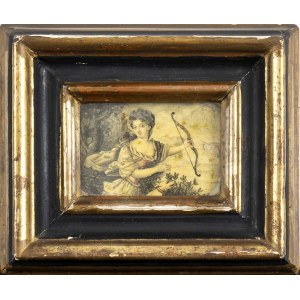 Miniature on bone representing 'Diana the Huntress' - 19th century, painting with a close-up of 'Diana the Huntress' made with bone carvings. Height x width 5 x 8 cm. Height x width frame 13 x 15 cm. Item condition grading: **** good.