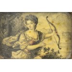 Miniature on bone representing 'Diana the Huntress' - 19th century, painting with a close-up of 'Diana the Huntress' made with bone carvings. Height x width 5 x 8 cm. Height x width frame 13 x 15 cm. Item condition grading: **** good.