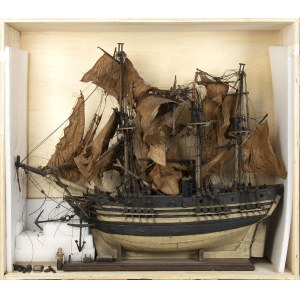 Model of an Italian sailing ship - 19th century, scaled hull and wooden parts, canvas sails. Height x width x depth: 111 x 120 x 30 cm. Item condition grading: *** fair (defects and missing parts).