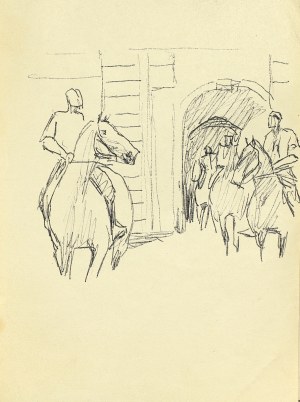 Ludwik MACIĄG (1920-2007), Jeźdźcy na koniach przed bramą wjazdową