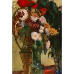 Józef Mehoffer (1869 Ropczyce - 1946 Wadowice), Kwiaty jesienne (Kwiaty w wazonach na stole przykrytym czerwoną tkaniną), 1943