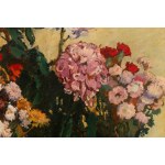 Józef Mehoffer (1869 Ropczyce - 1946 Wadowice), Kwiaty jesienne (Kwiaty w wazonach na stole przykrytym czerwoną tkaniną), 1943
