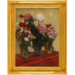 Józef Mehoffer (1869 Ropczyce - 1946 Wadowice), Podzimní květiny (Květiny ve vázách na stole pokrytém červenou látkou), 1943
