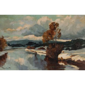 Eduard MANHART, PEJZAŻ ZIMOWY Z RZEKĄ