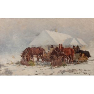 Leonard Winterowski (1868 Kraków - 1927), Winter stop in front of a hut, 1924.