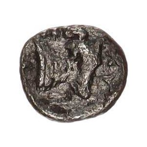 Mysia - Kyzikos (410-400 př.Kr.), Hemiobol (1/2 obol) 0,309 g, Hlava Atise s frygickou čapkou / pře