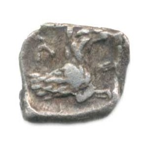 Kilikia - Tarsus, Mazaeios Satrap (361-333 př. Kr.), Obol; A: Trůnící bůh Baal zleva, drží obilné k