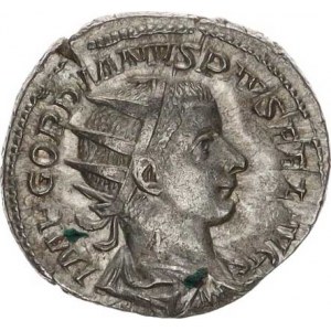 Gordianus III. (238-244), Antoninián, sedící Apollo zleva, drží olivovou ratolest a opírá s