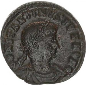 Constantinus II. (317-340), AE 18, dva vojáci drží kopí a štíty, uprostřed dvě standarty