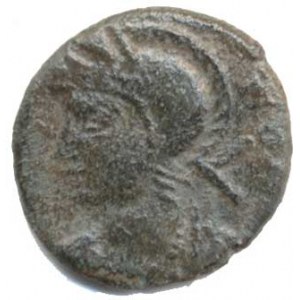 Urbs Roma (330-346), AE 14, A: Busta Romy v přilbě URBS ROMA / R: Vlčice kojí Romula a