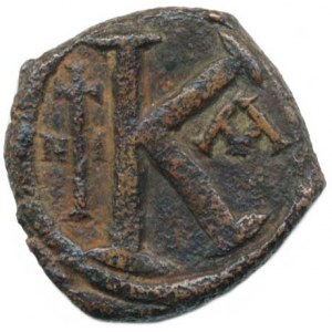 Justin I. (518-527), AE 1/2 Follis (20 nummia), minc. Nikomedia, A: Poprsí císaře zpra