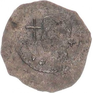 Nepřidělený, 60. - 80. léta 12. století, Denár, poprsí zleva, před sebou drží křížek / stojící post