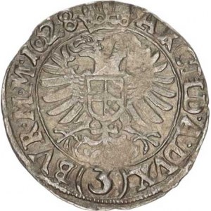Ferdinand II. (1619-1637), 3 kr. 1628, K.Hora-Hölzl jako MKČ 809, var.: nad hlavou roseta