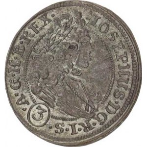 Josef I. (1705-1711), 3 kr. 1708 FN, Vratislav-Nowak MKČ neuvádí: koruna bez stuh, or