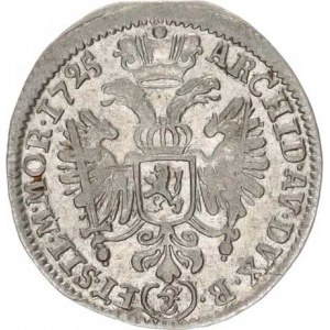 Karel VI. (1711-1740), 3 kr. 1725 FS, Praha Scharff jako MKČ 1838, opis: I. S. A. -