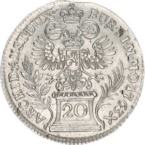 Marie Terezie (1740-1780), 20 kr. 1763 b.zn., Praha, mír. kraj. stř., ox. ďub.