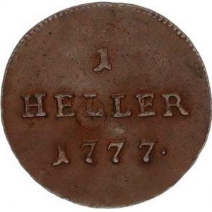 Marie Terezie (1740-1780), 1 Heller 1777 b.zn., Vídeň 0,732 g, úhoz