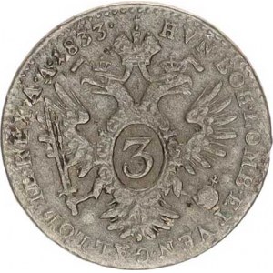 František I. (1792-1835), 3 kr. 1833 A, m. hr.