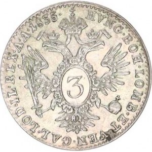 Ferdinand V. (1835-1848), 3 kr. 1835 A - FERDINANDVS R, tém.