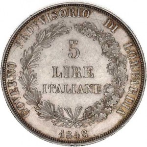 Revoluce 1848-1849, 5 Lire 1848 M - krátké konce ratolestí věnce nad letopočtem, hvěz