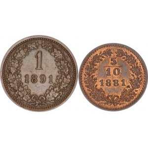 František Josef I.(1848-1918), 5/10 kr. 1881 b.zn. (0/0); +1 kr. 1891 b.zn. 2 ks