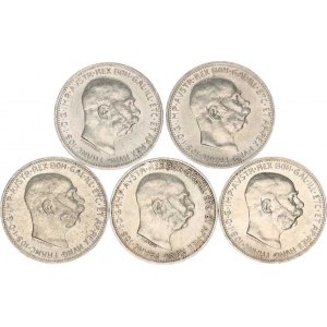 František Josef I.(1848-1918), 1 Koruna 1912, 1913, 1914, 1915, 1916 vše b.zn. 5 ks