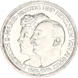 Anhalt-Dessau, Friedrich II. (1904-1918), 3 Mark 1914 A - Stříbrná svatba KM 30 /16,703 g/