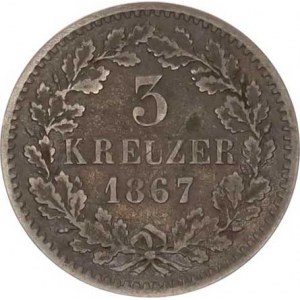 Baden, Friedrich I. (1852-56-1907), 3 Kreuzer 1867 KM 246